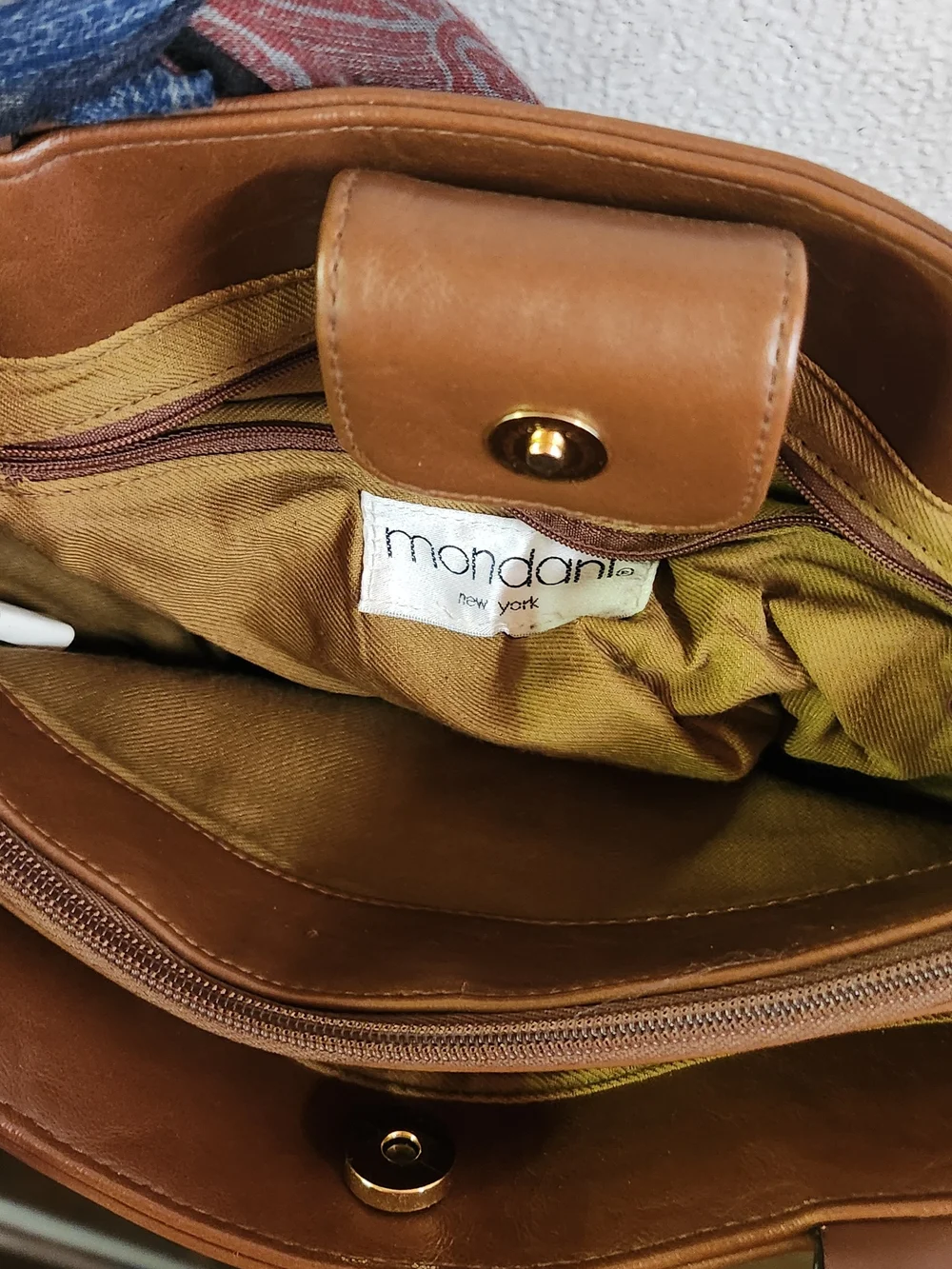 Leather Tote Bag with Decorative Scarf - Brown